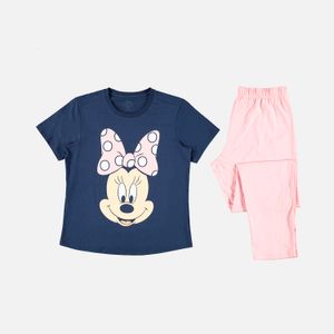 Pijama de mujer, manga corta/pantalón largo azul/palo de rosa de Minnie Mouse ©Disney