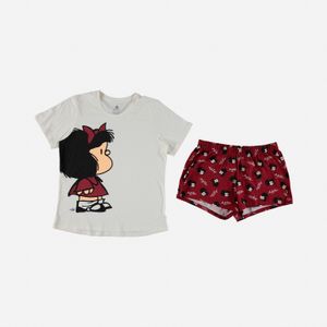 Pijama de mujer, manga corta/pantalón corto  marfil/vino tinto de mafalda ©quino