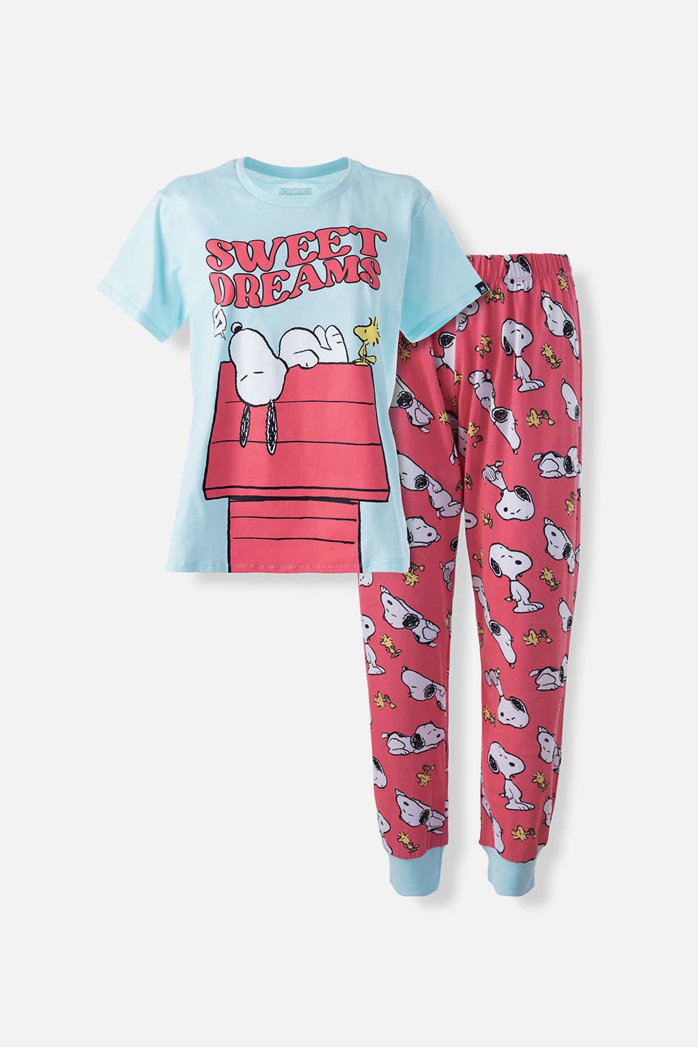 Pijama de Snoopy, pantalón largo Azul Claro/ Coral para mujer XS-0