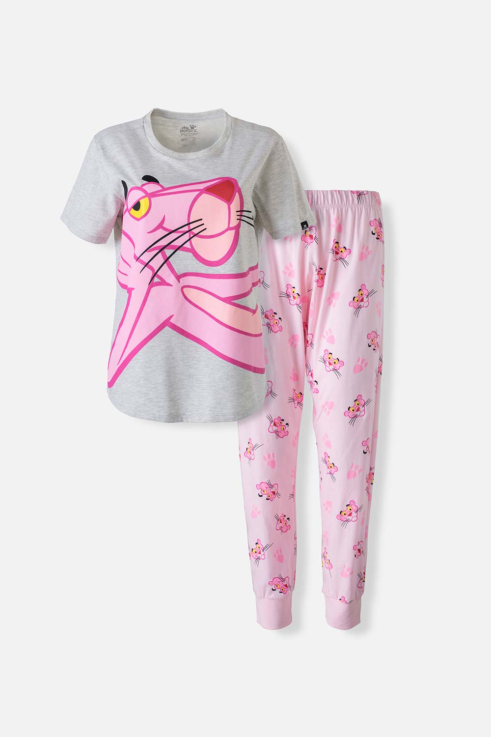 Pijama de la Pantera Rosa gris y rosada de pantalón largo para mujer XS-0